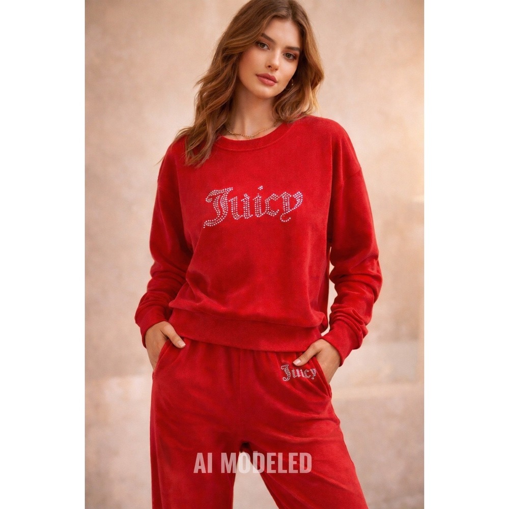 Juicy Couture Red Velour Lg Sl Pullover & Jogger Set Rhinestone Logo Y2K XL NWT